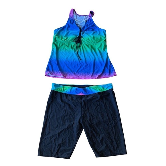 RKSTN Women's 2XL Ombre Racerback Tankini Set with Swim Shorts modest beach vaca - Picture 1 of 8